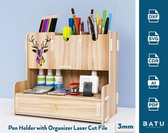 Plik svg organizera wycinanego laserowo Uchwyt na długopisy Organizer Glowforge svg Organizer do przechowywania svg szablon wycinany laserowo cricut wektor Plik dxf organizera