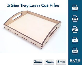 May include: A wooden tray with a handle, available in three sizes: 3mm, 4mm, and 6mm. The tray is made of light wood and has a natural finish. The image shows the tray in a 3mm size. The image also includes file formats available for download: DXF, SVG, CDR, AI, and PDF.