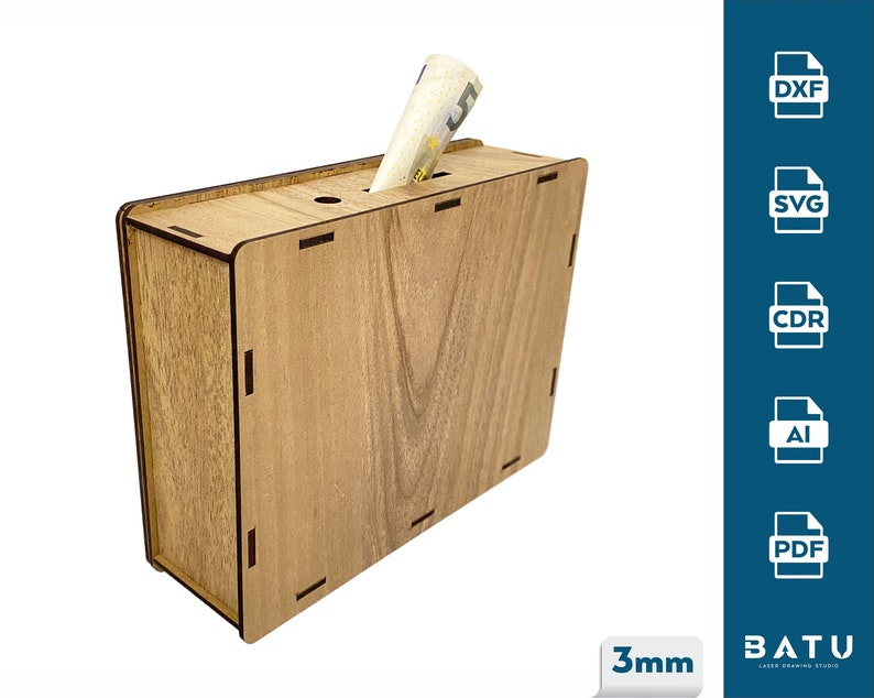 May include: A wooden money box with a slot for inserting bills. The box is made of 3mm thick wood and has a natural wood finish. The box is empty and ready to be filled with money.