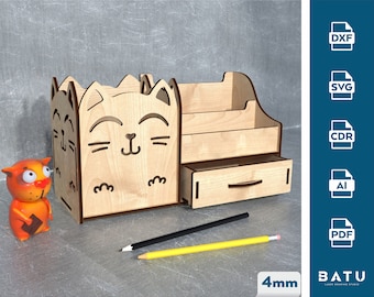 Laser geschnitten Kinder Katze Schreibtisch Organizer SVG Vorlage (digitaler Download)