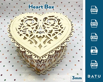 Molde para caixa de coração de madeira cortada a laser, presente de casamento (download digital)