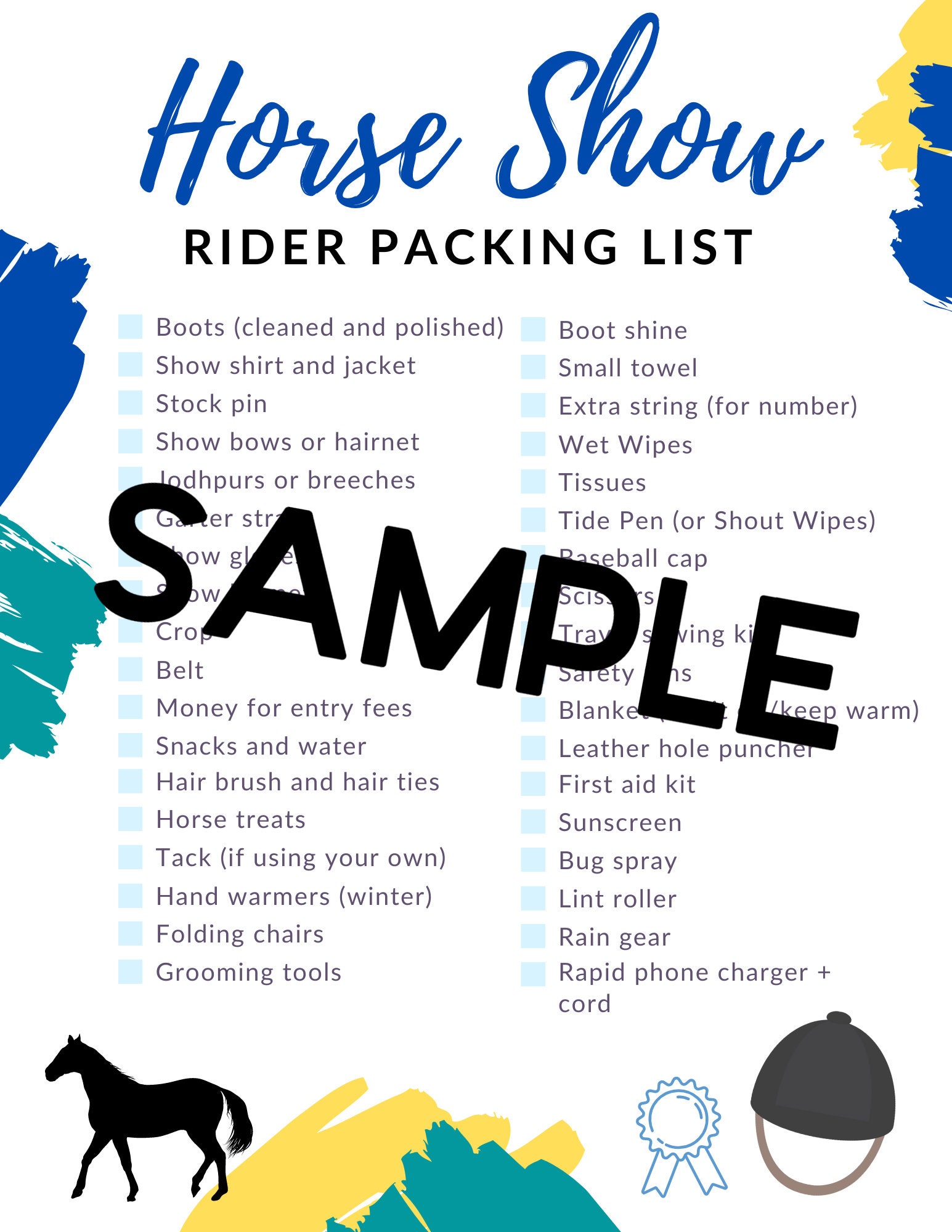 HORSE SHOW Packing Checklist Printable Equestrian Competition