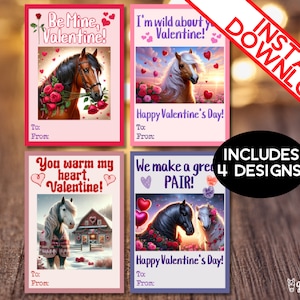 Printable Valentine Themed Horse CARDS | Easy Class Valentine Set | Equestrian Valentines | Printable Instant Download Rainbow Pony PDF