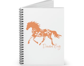 Dream Big Horse Journal | Peach Floral Pony Themed Spiral Notebook | 59 Lined Pages | Fun Equestrian Gift Idea