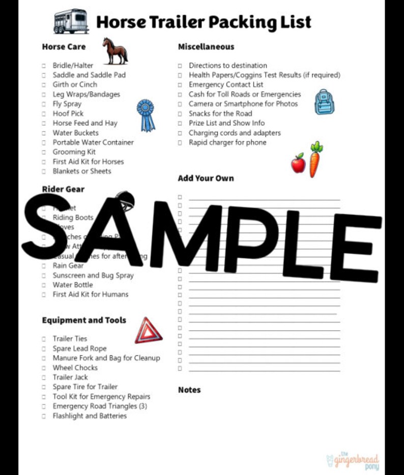 Printable HORSE TRAILER Packing List Checklist | Equestrian Essentials ...