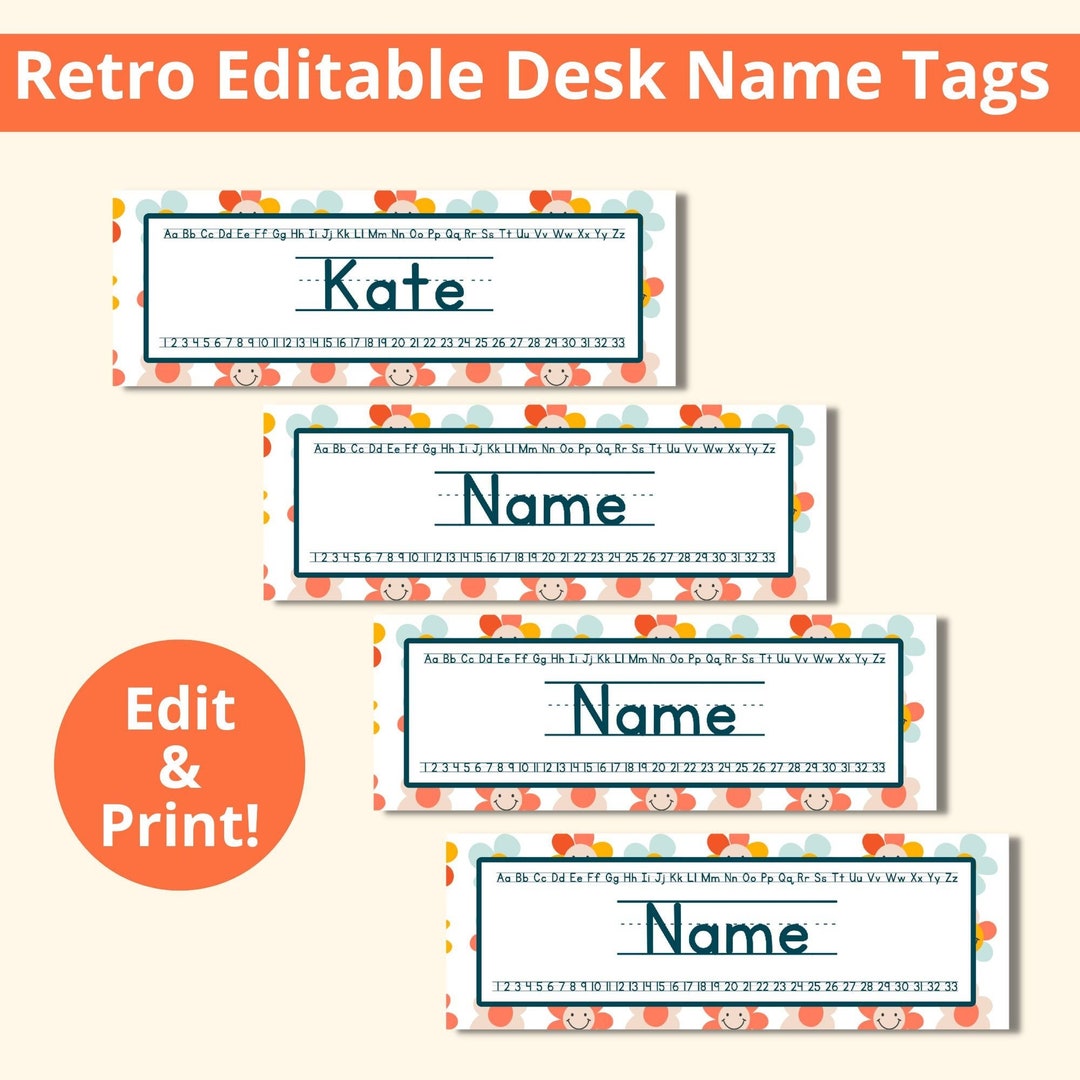 Editable Retro Flower Name Tags, Desk Name Tags, Vintage Flower Name ...