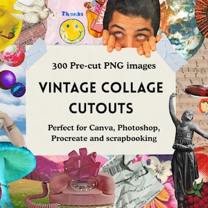 May include: A collage of vintage images, including a smiling sun, a woman, and a rotary phone. Text reads "300 Pre-cut PNG images VINTAGE COLLAGE CUTOUTS". Perfect for Canva, Photoshop, Procreate and scrapbooking.