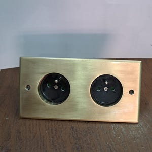 Puede incluir: Un enchufe de pared doble rectangular con una placa frontal de acabado en latón cepillado. La unidad cuenta con dos tomas circulares negras, cada una con dos orificios para clavijas y una toma de tierra, y dos orificios para tornillos.