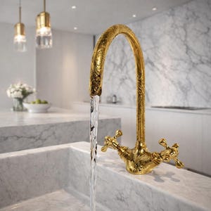 Puede incluir: Un grifo dorado con intrincados diseños florales. El grifo tiene un caño curvo y dos manijas en forma de cruz. El agua fluye del caño a un fregadero de mármol. El fondo incluye lámparas colgantes y una encimera de mármol.