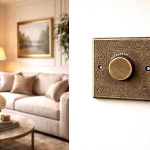 Handgegraveerde dimmer van massief messing | Ongelakte messing schakelaar | Luxe vintage wandbeslag