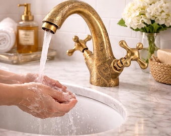 Hand Engraved Bronze Brass Bathroom Faucet | Antique Style Solid Brass Sink Tap | Luxury Vintage Bathroom Hardware