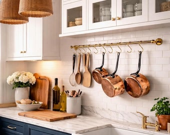 Copper hanging rail for kitchen with hooks | Vintage brass pot organizer | Unvarnished brass pot rack