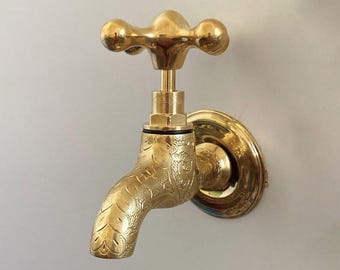 unlacquered Vintage brass water tap | Solid brass garden tap,  | Handmade Moroccan wall-mounted outdoor tap