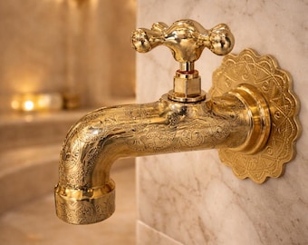 Moroccan engraved brass cold water tap, kitchen wall-mounted tap