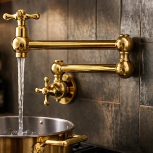 Op de afbeelding: Een goudkleurige, aan de muur gemonteerde potvuller kraan met een kruisvormig handvat. Water stroomt in een goudkleurige pot op een fornuis. De kraan heeft een dubbel scharnierende arm om het bereik te vergroten. De achtergrond heeft donkere, getextureerde tegels.