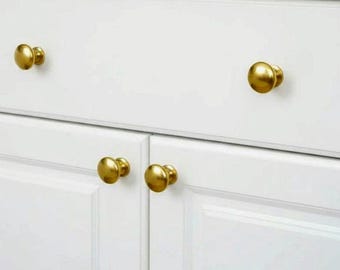 Vintage unlacquered brass furniture knob | Solid raw brass round drawer knob | Luxury furniture hardware, sold in sets