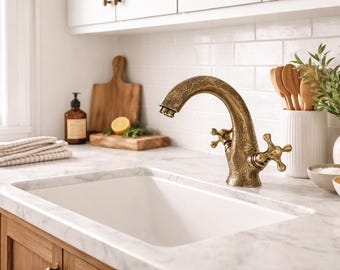 Hand-engraved brass and bronze bathroom faucet | Hammered antique style solid brass sink faucet