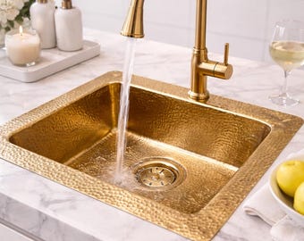40cm Hammered Brass Kitchen Sink – Luxury Gold Built-in Washbasin – Solid Brass Square Sink – High-End Modern Style