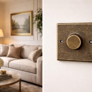 Hand-engraved solid brass dimmer switch | Unlacquered brass switch | Luxury vintage wall hardware