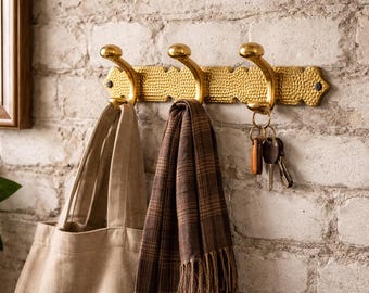Unvarnished brass coat rack, antique wall-mounted hook with 3 hooks, unlacquered brass hooks for bathroom bathrobes