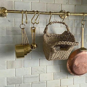 Unlacquered brass utensil holder with removable hooks, antique brass kitchen bar, brass kitchen hardware