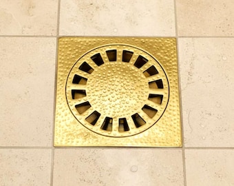Solid Brass Square Shower Drain Cover | Hammered Metal Floor Drain | Luxury Bathroom Drain Hardware ,Handcrafted brass trap