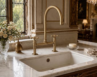 Unlacquered Solid Brass Kitchen Faucet | Cross Handle Curved Spout Tap with Sprayer | Luxury Vintage Kitchen Hardware