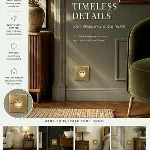 Op de afbeelding: Een massief messing wandcontactdoos met satijnen afwerking, getoond in verschillende interieurs. De afbeelding benadrukt het tijdloze ontwerp en de duurzaamheid van het product, met de tekst "TIMELESS DETAILS" en "MADE TO ELEVATE YOUR HOME".