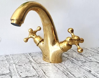 Vintage brass sink faucet | Classic sink faucet with cross handles,Solid brass sink plug, unlacquered