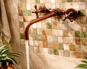 Unlacquered copper wall-mounted bathroom faucet, antique wall-mounted vanity faucet