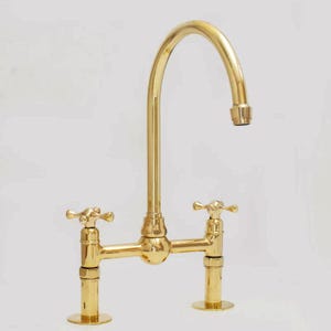 Unlacquered Brass Kitchen Faucet, Central Bridge Design with Ball Handles, Handmade Faucet 20 cm ,8” Elegant and Durable.