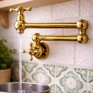 Könnte beinhalten: Ein an der Wand montierter Topffüller-Wasserhahn mit poliertem Gold-Finish und zwei Kreuzgriffen. Der Gelenkarm erstreckt sich von der Wand und gibt einen stetigen Wasserstrahl in einen darunter stehenden, passenden goldfarbenen Metalltopf ab.