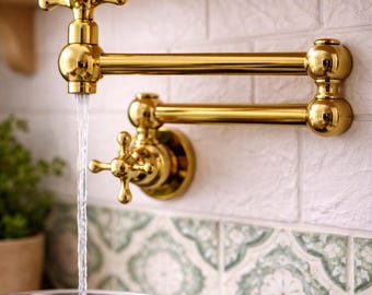 Solid brass wall-mounted pot tap | Kitchen tap with fold-down swivel arm | Vintage unlacquered brass tap