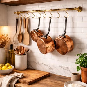 Porta-utensílios de latão sem verniz com ganchos móveis, trilho de cozinha em latão antigo, ferragens de cozinha em latão