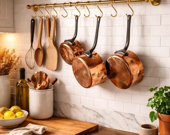 Portautensili in ottone non verniciato con ganci mobili, barra da cucina in ottone anticato, ferramenta da cucina in ottone