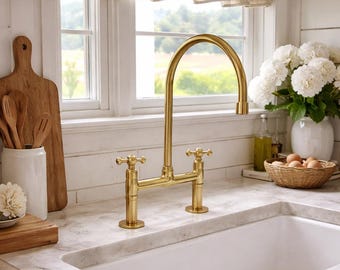 Unlacquered Solid Brass Kitchen Faucet | Cross Handle Curved Spout Tap with Sprayer | Luxury Vintage Kitchen Hardware