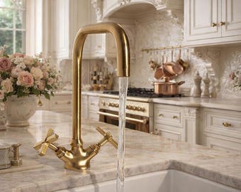 Polished Gold Bathroom Sink Faucet | Dual Handle Basin Tap with High Arc Spout | Luxury Brass Washbasin Mixer | Classic Home Fixture
