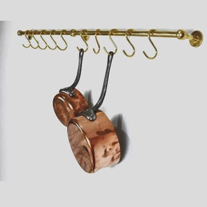 Topfgestell aus unlackiertem Messing, Küchenorganizer aus antikem Messing, Küchenhängeleiste aus Kupfer mit Haken