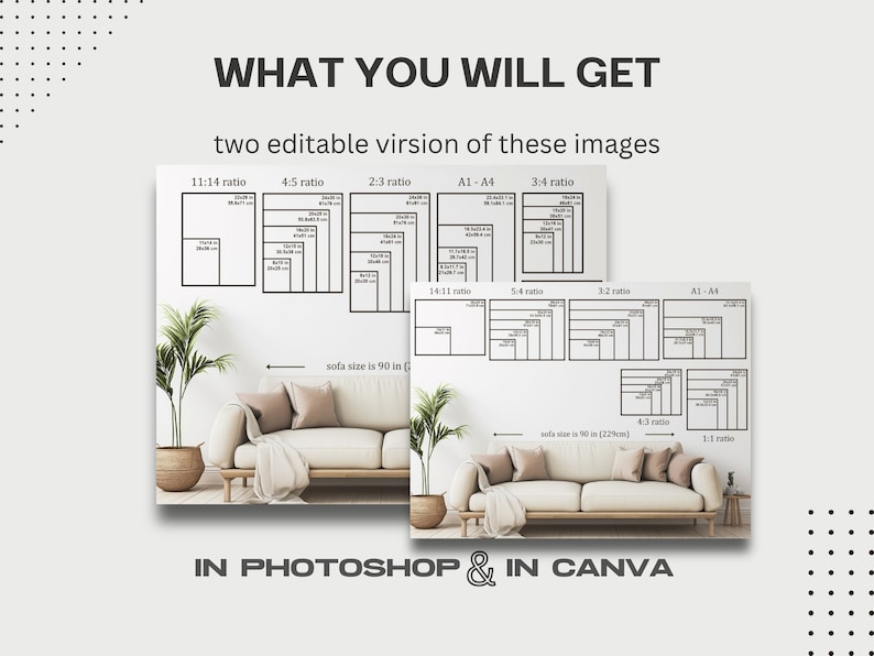 Two Sets Frame Size Guide, Vertical & Horizontal Wall Art Size Guides: Editable Templates for Photoshop and Canva