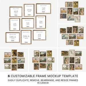 Puede incluir: Una plantilla digital con seis diseños de maquetas de marcos personalizables para Canva. La imagen muestra varios marcos rectangulares con diferentes relaciones de aspecto, incluyendo 14:11, 11:14, 3:2, 4:5, 5:4, 3:4, DIN A y 4:3, con arte variado.