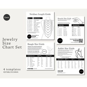May include: A jewelry size chart set containing four editable templates for necklace, bracelet, bangle, and anklet sizing. Each template features black text and line illustrations on a white background, providing measurement guides in inches and cm.