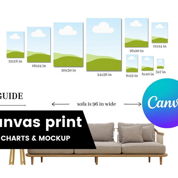 Canvas print size smart mockup, Editable Canvas size guide mockup, Art Size Guide canvas, Wall frame size comparison chart ,texture mockup