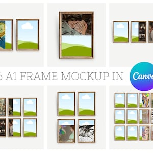 Canva のウォール アート モックアップ バンドル、フレーム モックアップ、A1 ウォール アート モックアップ、デジタル モックアップ、木製フォト フレーム モックアップ、素朴なフレーム モックアップ