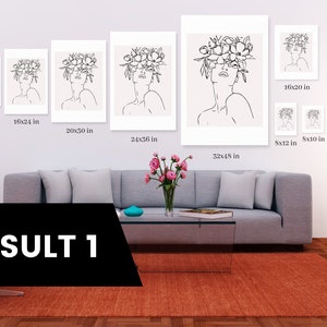 Pu&ograve; includere: Un set di 10 stampe in bianco e nero di arte lineare con una donna con fiori nei capelli. Le stampe sono disponibili in diverse dimensioni, che vanno da 13x18 cm a 81x122 cm.