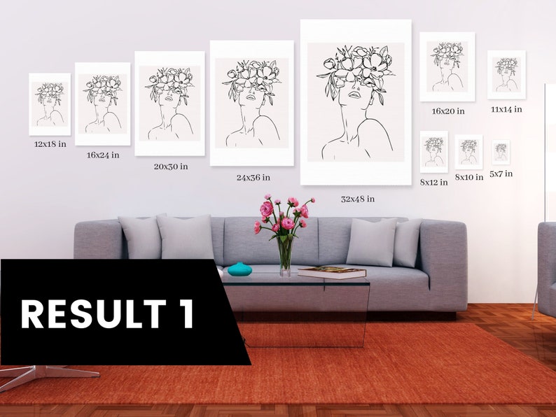 Pu&ograve; includere: Un set di 10 stampe in bianco e nero di arte lineare con una donna con fiori nei capelli. Le stampe sono disponibili in diverse dimensioni, che vanno da 13x18 cm a 81x122 cm.