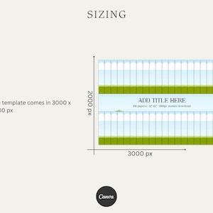 Puede incluir: Un gr&aacute;fico que muestra el tama&ntilde;o de una plantilla imprimible. La plantilla tiene 3000 p&iacute;xeles de ancho por 2000 p&iacute;xeles de alto. El texto "ADD TITLE HERE" est&aacute; en un cuadro verde con el texto "100 papeles - 6.2 x 4.2 - 300dpi descarga instant&aacute;nea" debajo.