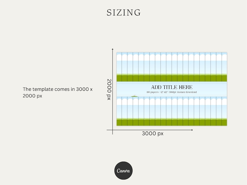 Puede incluir: Un gr&aacute;fico que muestra el tama&ntilde;o de una plantilla imprimible. La plantilla tiene 3000 p&iacute;xeles de ancho por 2000 p&iacute;xeles de alto. El texto "ADD TITLE HERE" est&aacute; en un cuadro verde con el texto "100 papeles - 6.2 x 4.2 - 300dpi descarga instant&aacute;nea" debajo.