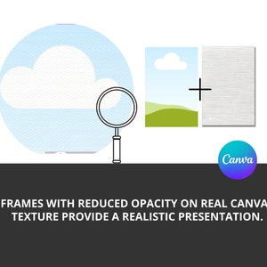 May include: A magnifying glass is over a digital illustration of a cloud on a blue background. The illustration is on top of a white canvas texture. The text "Canva" is on a blue and purple circle.