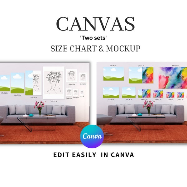 canvas size comparison mockup, wall art size guide mockup , canvas size mockup, Canvas size guide, Editable frame art size guide