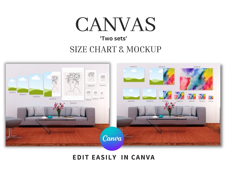 Pu&ograve; includere: Un mockup di un soggiorno con un divano grigio e un tavolino da caff&egrave;. Ci sono due set di stampe su tela al muro. Il primo set &egrave; di un disegno a linea di una donna con fiori nei capelli. Il secondo set &egrave; di dipinti astratti ad acquerello in tonalit&agrave; di rosa, giallo e blu. Le stampe su tela sono disponibili in varie dimensioni, da 30x40 cm a 60x90 cm. "Due set" e "Tabella delle taglie e mockup" sono scritti in nero nella parte superiore dell'immagine. Il testo "Modifica facilmente in Canva" &egrave; scritto in bianco su sfondo viola nella parte inferiore dell'immagine.